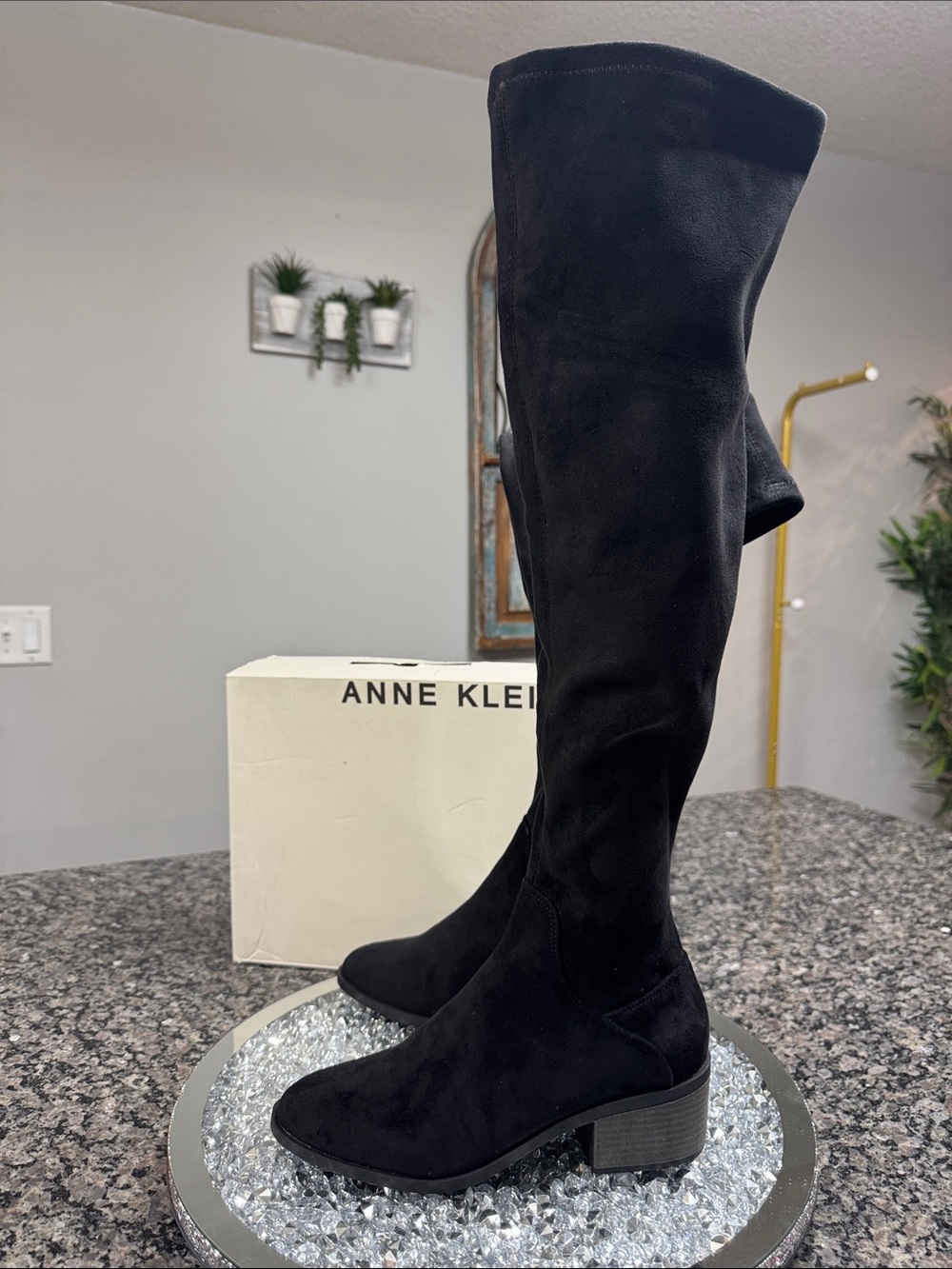 Anne Klein Akainsley Black Over-The-Knee Block Heel sock Boots NEW 7.5
